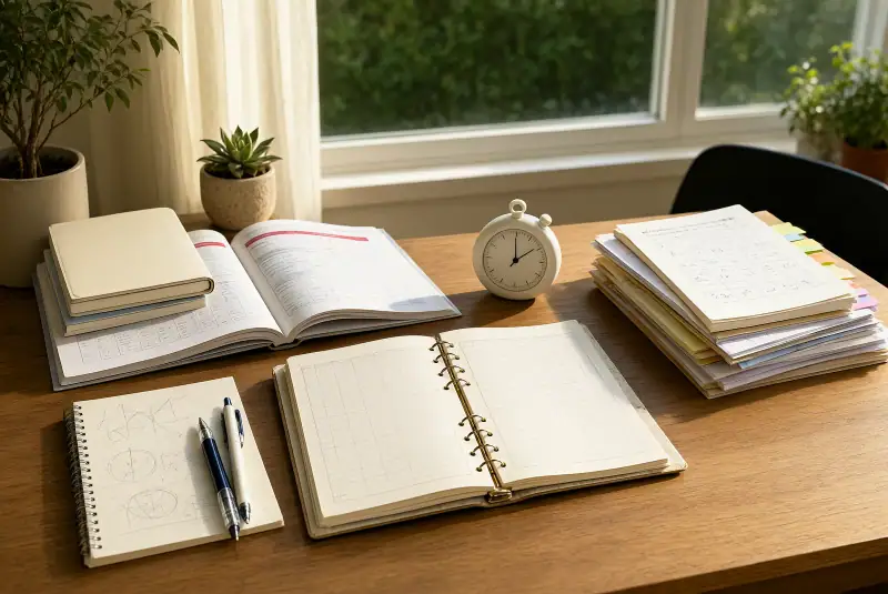 Haftalık sınav çalışma programı hazırlamak için düzenlenmiş kitap, soru kâğıtları, boş planlayıcı ve zamanlayıcı bulunan çalışma masası
