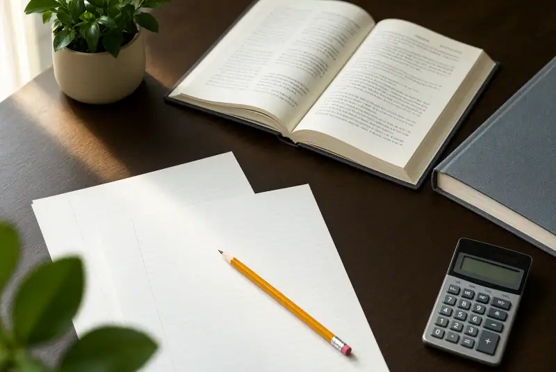 Kamu kariyer sınavına hazırlığı çağrıştıran kitaplar, boş cevap kâğıtları, kalem ve hesap makinesinin bulunduğu çalışma masası