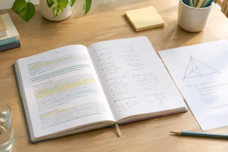 KPSS Genel Yetenek çalışması için Türkçe paragraf, Matematik ve Geometri notlarının bulunduğu masa