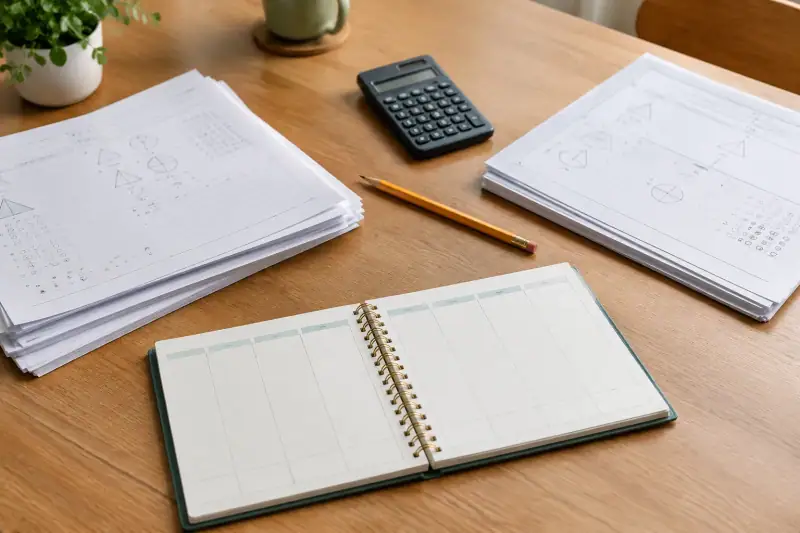 Türkçe ve Matematik deneme kâğıtları, hesap makinesi ve boş haftalık planlayıcı bulunan çalışma masası